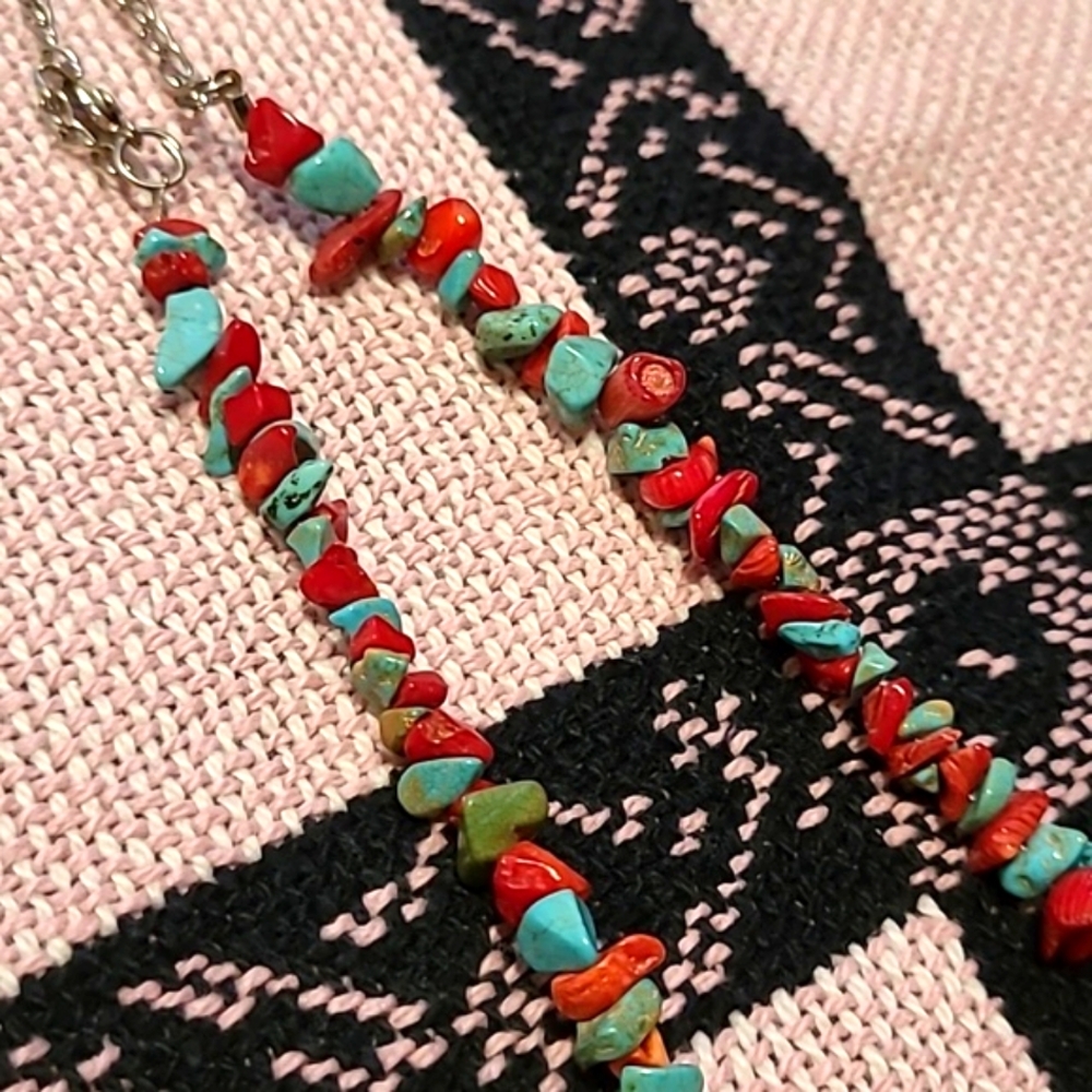 Vintage Turquoise and Coral Colorful Beaded Necklace